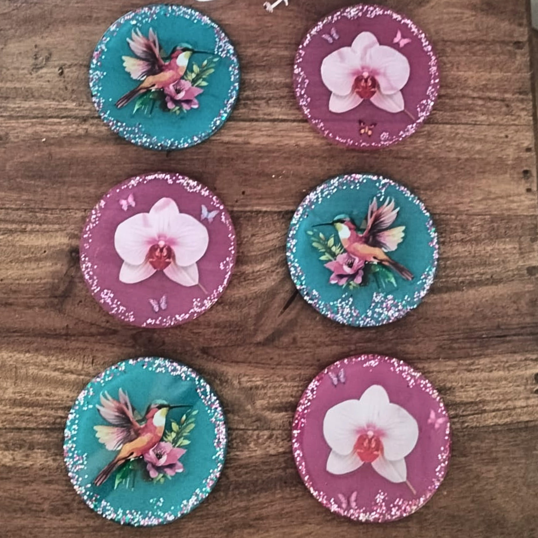Pack regalo de 6 posavasos artesanales Colibrí y Orquídea