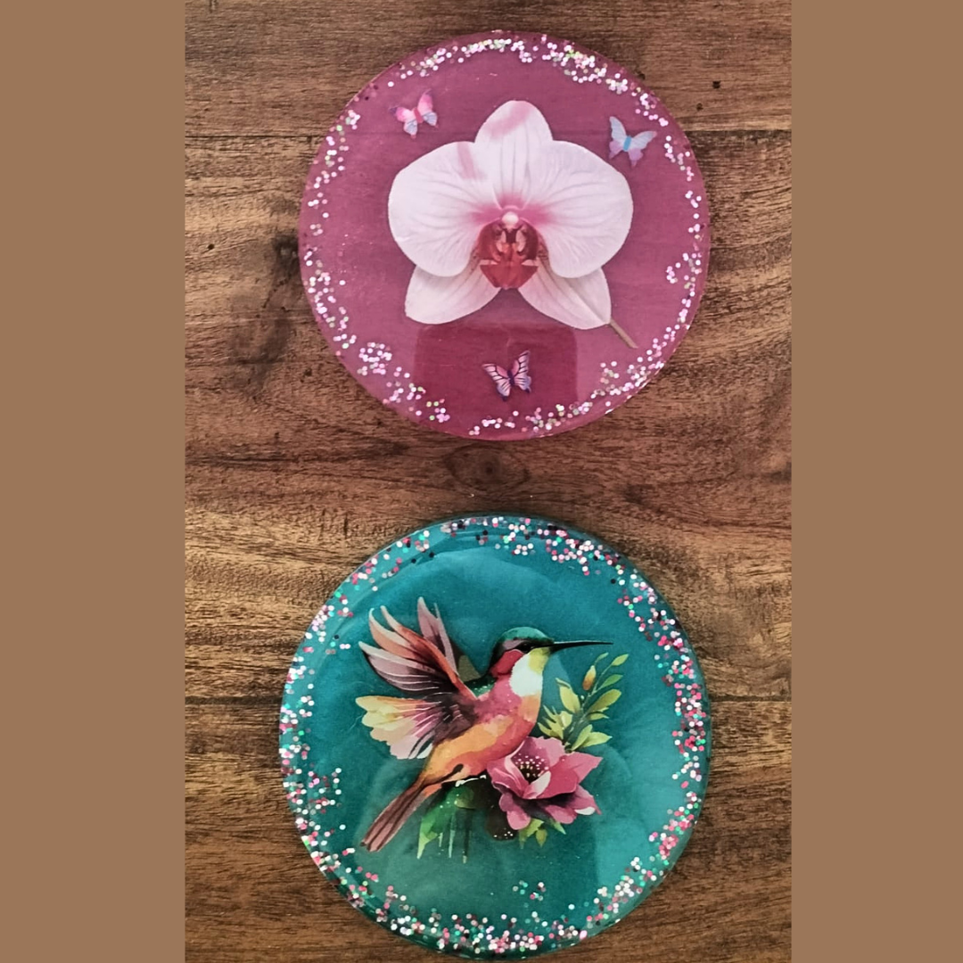 Pack regalo de 6 posavasos artesanales Colibrí y Orquídea