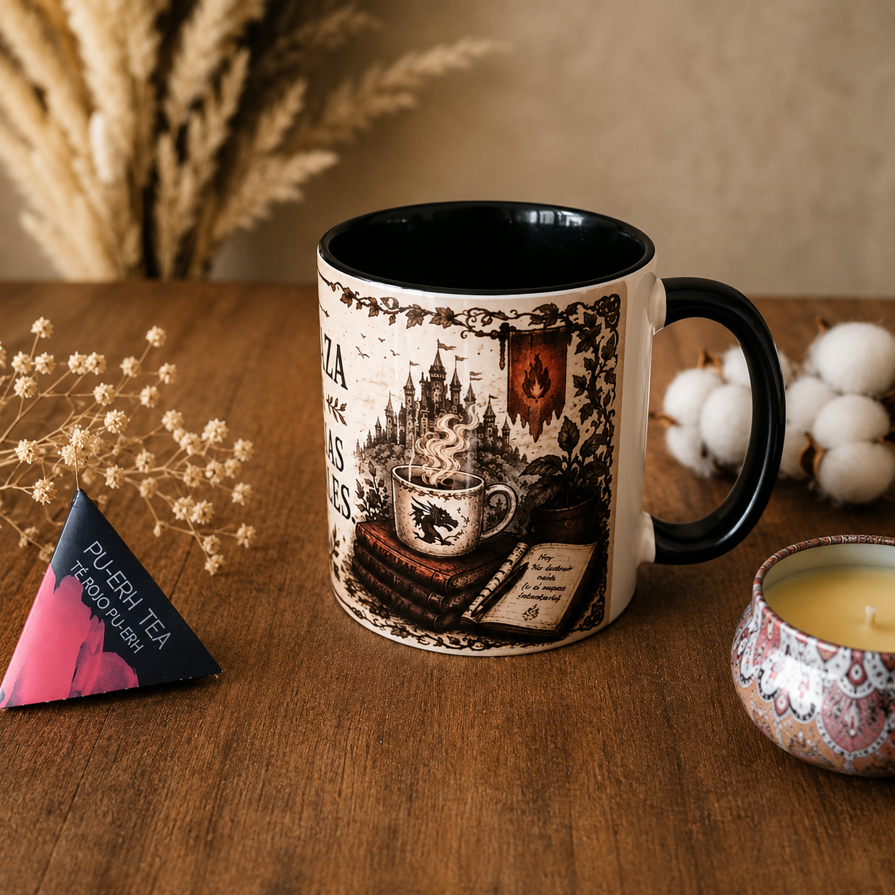 Pack Regalo "Tragedias Medievales" – Tote Bag + Taza + Infusiones + Vela Aromática