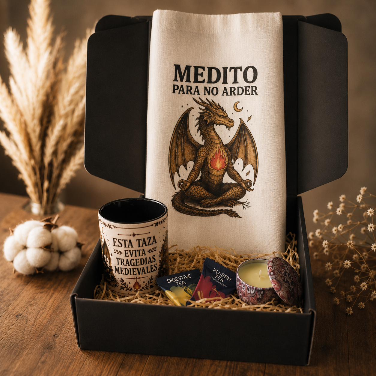 Pack Regalo "Tragedias Medievales" – Tote Bag + Taza + Infusiones + Vela Aromática