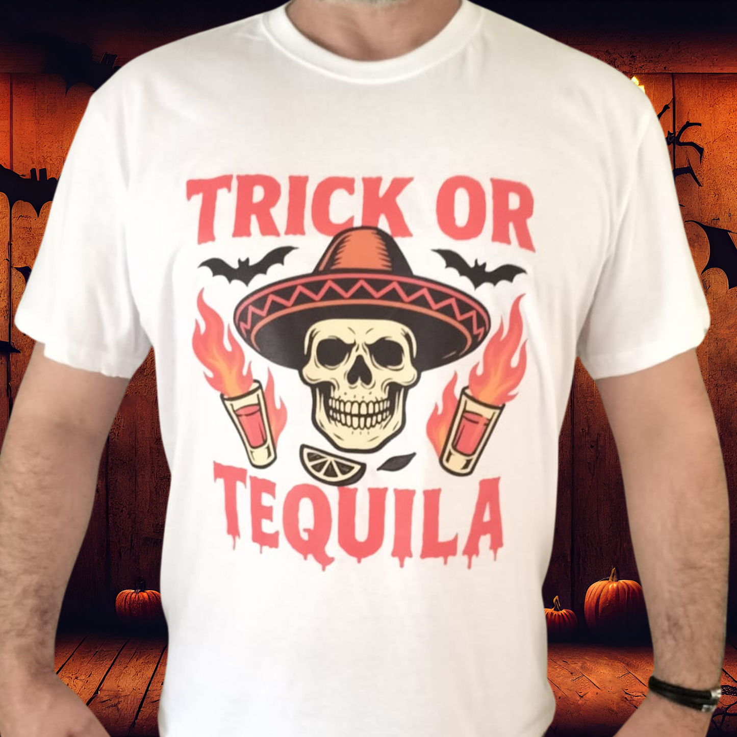 Trick or Tequila – Camiseta Calavera Fiesta & Fuego