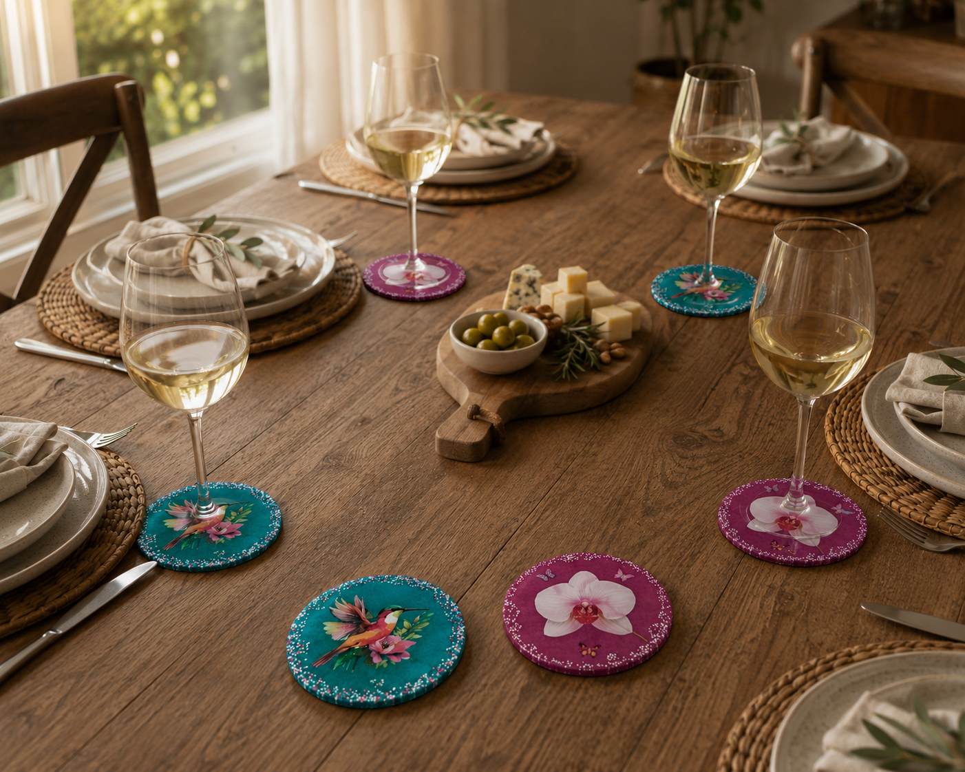 Pack regalo de 6 posavasos artesanales Colibrí y Orquídea