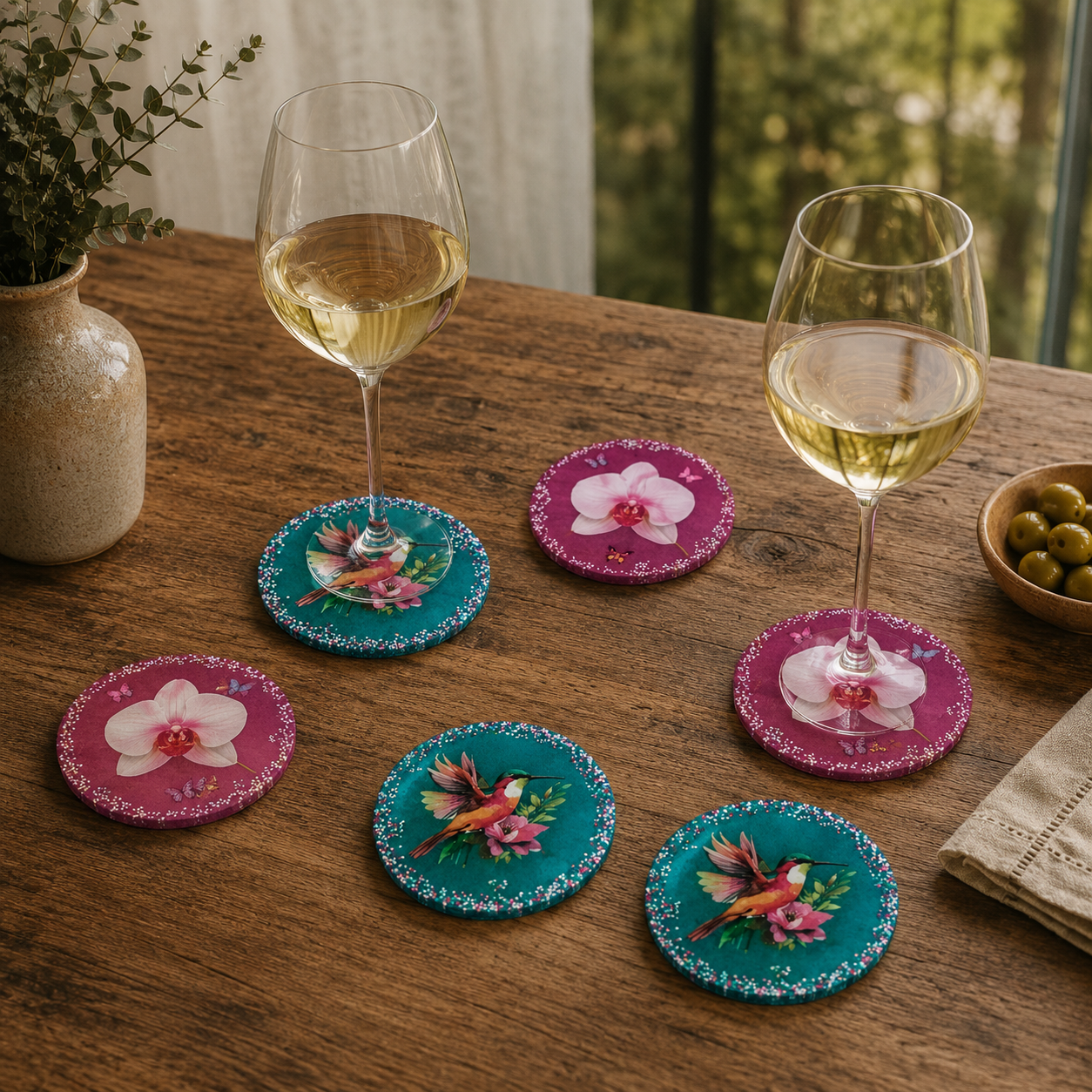 Pack regalo de 6 posavasos artesanales Colibrí y Orquídea